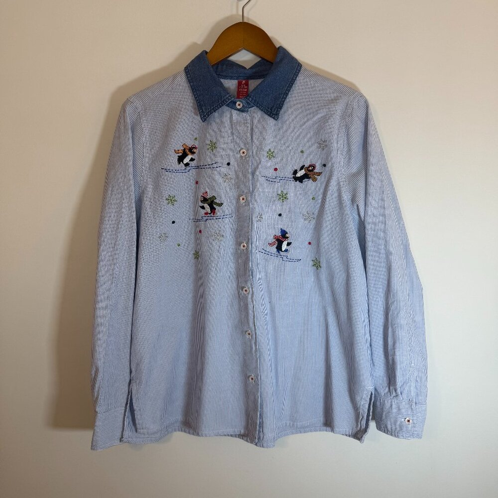 Winter Holiday Penguin Skating Shirt Woman’s Size L button down Long Sleeve